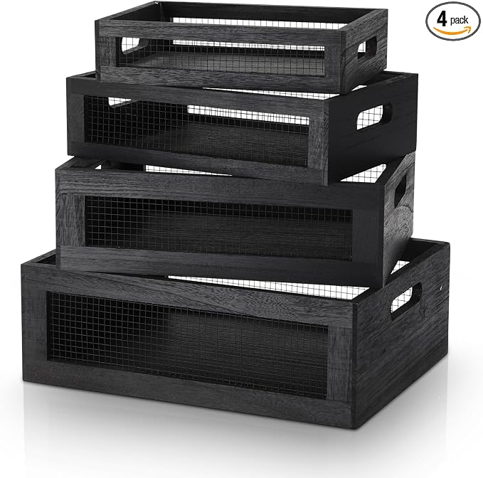 FillTouch 4 Pcs Wooden Nesting Countertop Baskets 4 Size Wooden Storage Box with Handle and Metal Wire Multipurpose Wood Organizer Crate for Fruit Vegetable Kitchen Cabinet Bathroom (Black,Small) by FillTouch