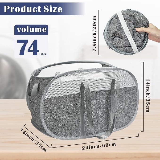 2 Pack Large Collapsible Laundry Baskets 74L Pop Up Laundry Hamper with Reinforced Handles Durable Foldable Laundry Hamper for Home Laundry - Image 6