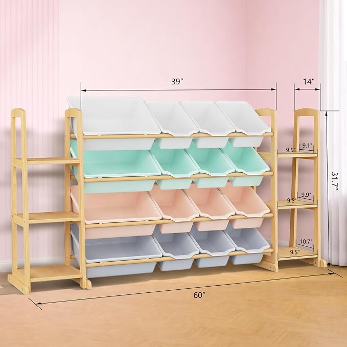 Kids Toy Storage Organizer with Bookshelf – Wooden Shelf with 16 Bins & 6 Shelves, Quick Assembly Storage Rack for Playroom, Bedroom, Nursery – Colorful - Image 2