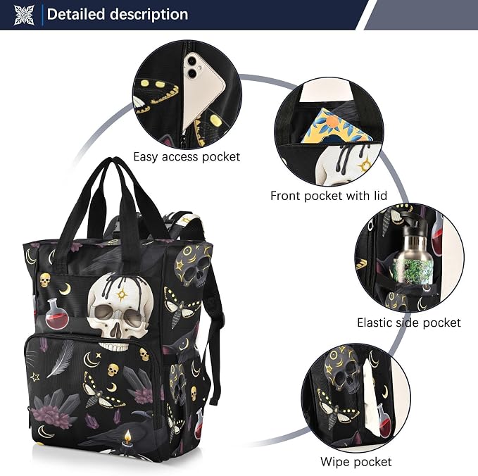 MNSRUU Goth Skull Moth Multifunction Travel Diaper Tote Changing Backpacks for Moms Dads - Image 2