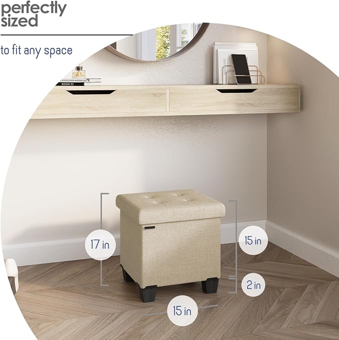Storage Ottoman Cube with Small Bin, 15-in Square Ottoman with Storage for Living Room and Bedroom, Small Ottomans Foot Rest, Fabric Foot Stools Ottomans Max 330lbs, Beige - Image 9