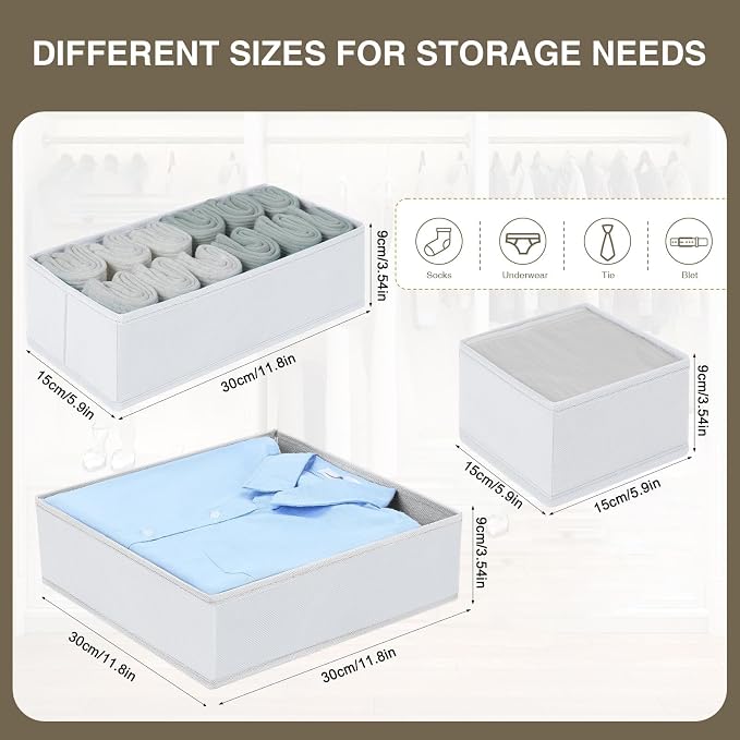 DIMJ Drawer Organiser System Drawer Organiser - Pack of 12 Storage Box Fabric Foldable Underwear Wardrobe Organiser for Clothes, Socks, Ties, White - Image 6
