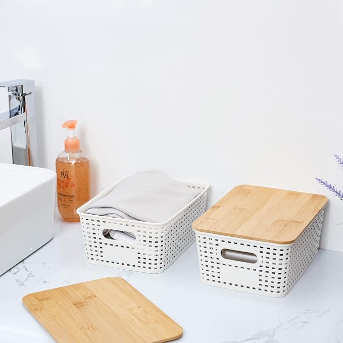 Plastic Storage Bins With Lid Stackable Organizing Container Woven Lidded Storage Organizer Baskets for Shelves Drawers Desktop Closet Playroom Classroom Office,6 Pack - Image 4