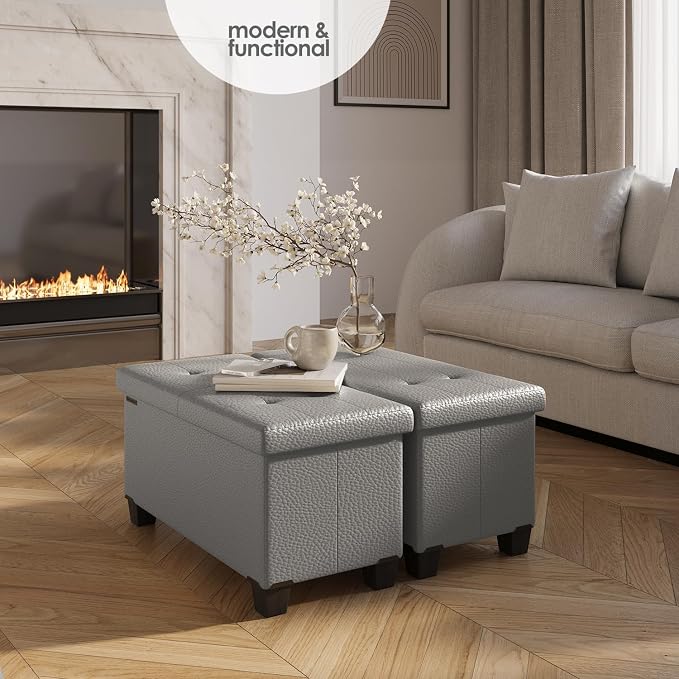 Storage Ottoman Bench with Bins, 30-in Storage Bench for Bedroom End of Bed, Folding Foot Rest Ottoman for Living Room Max 660lbs, Leather Ottomans, Light Grey - Image 2