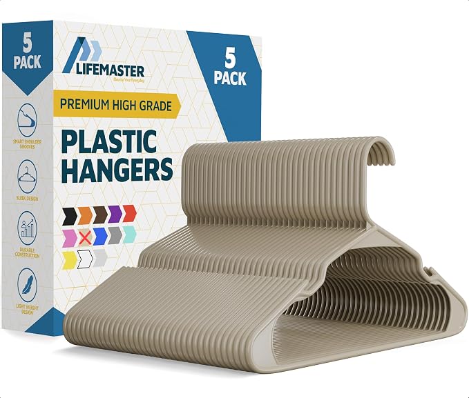 Lifemaster Plastic Clothes Hangers – Heavy Duty Hanger Set, for Organizing Clothes, Dresses, and Coat, Holds Up to 5 lbs, Space-Saving Hangers with Non-Slip Shoulder Grooves, Pack of 5, Ivory by LIFEMASTER