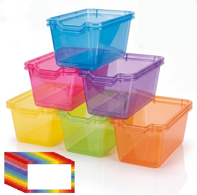Funrous 12 Pack Plastic Cubby Bins for Classroom, Stackable Storage Bins with Rainbow Labels and Handles Cubby Organizer Containers for Teacher Supplies Home Office Daycare and Playroom (Bright) by Funrous