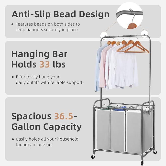 STORAGE MANIAC 136L Laundry Sorter with Hanging Bar, Portable, Removable Laundry Hamper Cart with Heavy Duty Rolling Lockable Wheels and Removable Bags, Rolling Laundry Basket Organizer, 3 Section - Image 4