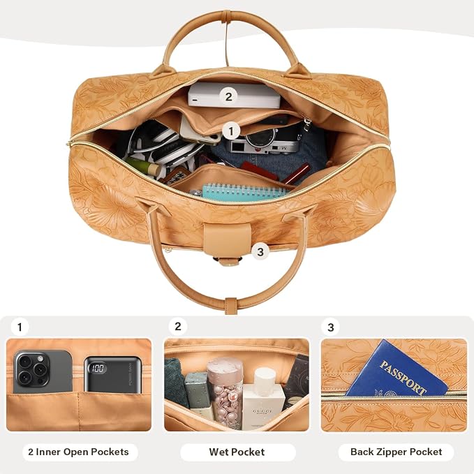 Leather Weekender Bags for Women, Travel Duffel Bag PU Overnight Bag Carry On Tote Bag with Shoe Compartment Wet Pocket - Image 2