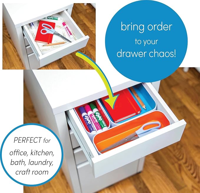 Three by Three Seattle Metal Drawer Organizer Tray Set, 5-Pc, 1" (Assorted) | Colorful 1" metal bins; food-safe; soft non-scratch base; kitchen, bathroom, vanity, desk & office drawers - Image 4