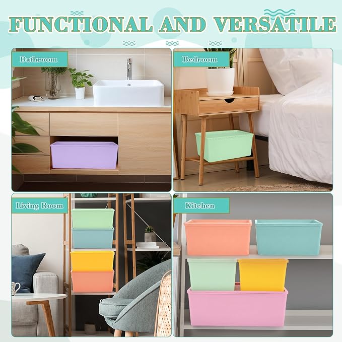 6 Pcs Plastic Storage Bins with Lids, Large and Small, Macaron Color | 14.4 x 10.4 x 5.1 Inch and 10.6 x 7.5 x 4.7 Inch, Stackable Storage Container, Decorative Organizer for Shelves Closet Office - Image 5