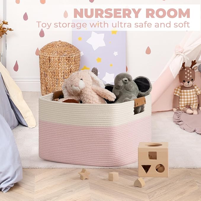 Large Woven Basket 25’’*16’’*16’’ Rectangle Woven Baskets for Storage, Storage for Living Room, Soft Cotton Rope Basket With Handle, Large Basket for Kids Dog Toys, 108L Pink+White - Image 6