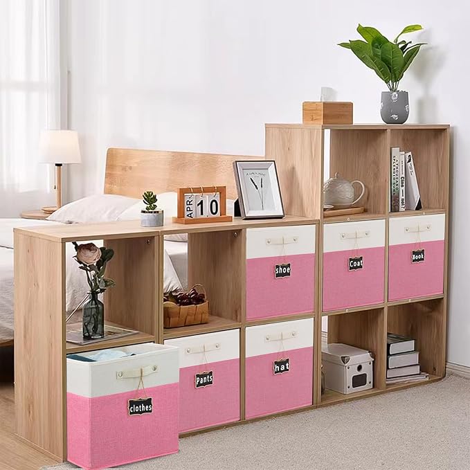Storage Cubes,12 inch storage bins,Foldable Fabric Storage Cubes with Labels 4 Pack,Linen Cube Storage Organizer Bins Kallax Storage Cubes for Organizing Shelves Cabinet(White pink). - Image 6