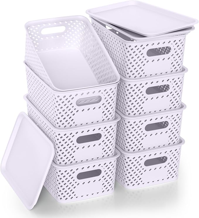 Plastic Storage Bins with Lid, Stackable Small Box Basket for Organizing and Containers for Shelves Drawers Desktop Closet Playroom Pantry Classroom Office Home, 8-pack 10.2"x7.2"x4.1" Lavender by ZFTMRR