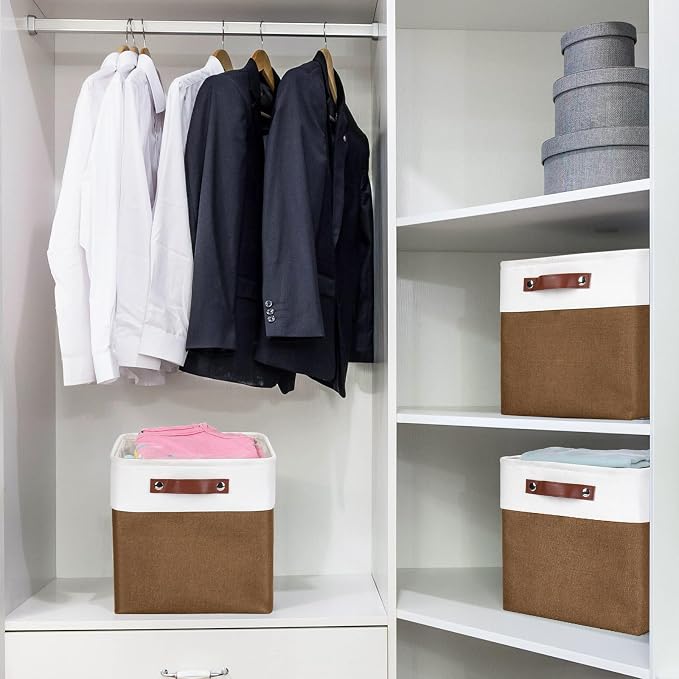 Collapsible Fabric Storage Cubes 11x11 Cube Storage Bins, 4 Pack Closet Baskets Box with Handles for Organizing, Shelf, Toys, Clothes, Home, Office, Nursery (Brown&White) - Image 3