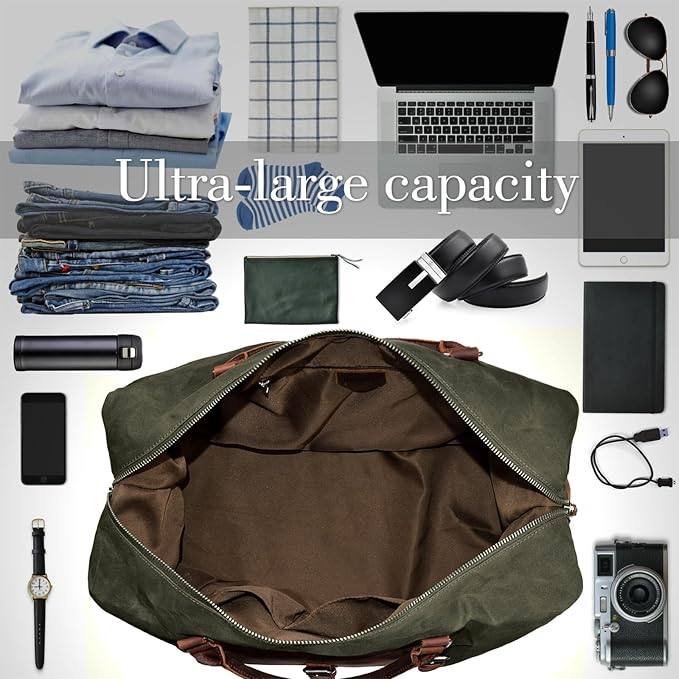 Oversized Travel Duffel Bag Waterproof Canvas Genuine Leather Weekend bag Weekender Overnight Carryon Hand Bag, Dark Green - Image 3