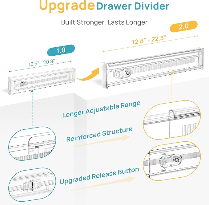 Vtopmart 2.36" Short Upgrade Drawer Dividers 12.8"-22.3" Expandable 8 Pack | Adjustable Kitchen Drawer Organizer, Clear Plastic Separator for Flatware, Utensils, Cutlery, Underwear Storage, Space Saving - Image 8