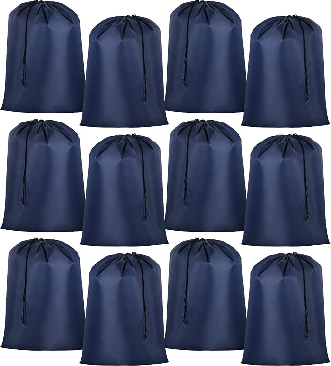 Woanger 12 Pack 28 x 45 Inch Extra Large Laundry Bags Bulk, Navy Blue | Washable Polyester, Drawstring Closure, For Clothes and Bedding, Foldable for College Dorms, Hotels, Camping and Travel by Woanger