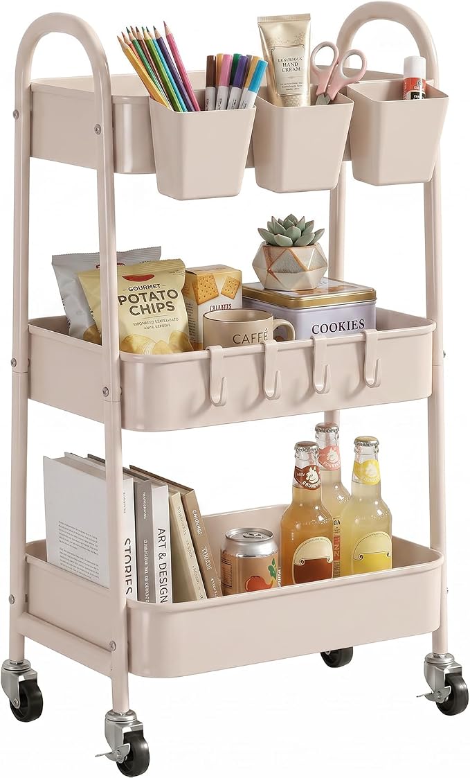 danpinera 3-Tier Rolling Cart, Utility Cart Mobile Metal Rolling Storage Cart with Lockable Wheels & Hanging Cups & Hooks for Kitchen, Bathroom, Office, Workshop, Beige by danpinera