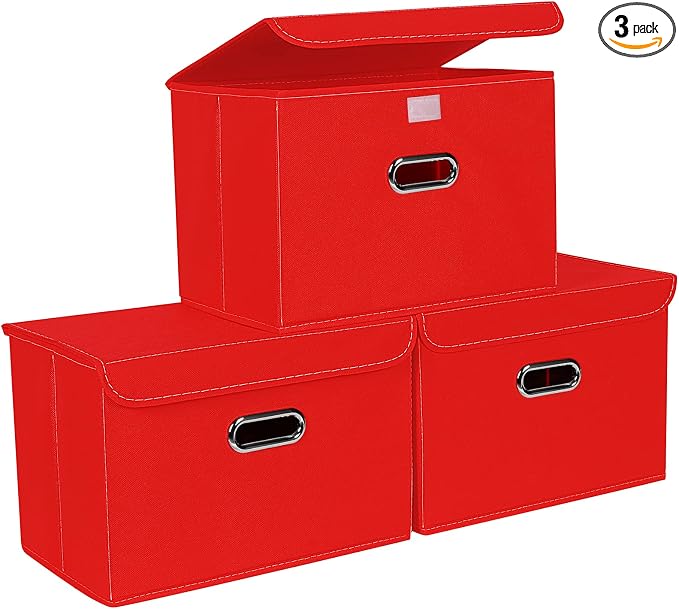 STOREONE Fabric Storage Cube Bins Foldable Organizer Container Collapsible Basket with Lids and Metal Handles, for Home, Bedroom, Closet 3 Pcs (Red) by STOREONE