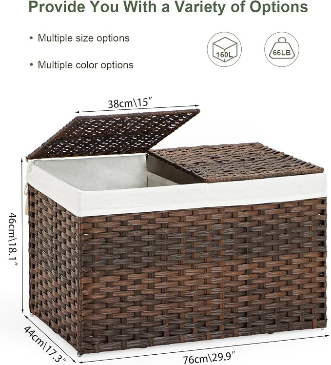 SETVSON Storage Basket with Lid Wicker Baskets for Storage, 160L Brown | 42.3 Gallon Storage Bin with 2 Separate Lids, 2 Removable Liners for Clothes & Blankets, Sturdy Metal Frame, PE Rattan - Image 4