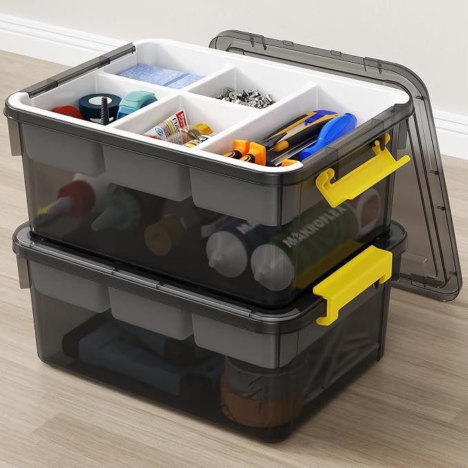 40Qt Stackable Storage Bins with Lids Trays Craft Box Organizers, 2Pack,GY | Clear Plastic Latching Boxes Organizers with Dividers Portable Containers for Arts & Crafts, Home Office Classroom Car Trunk by HOMETUK