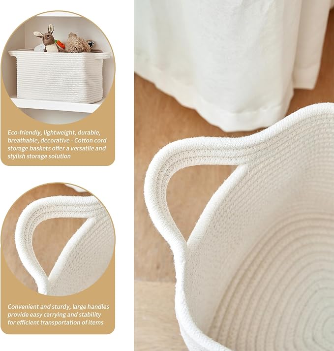 R RUNKA Cotton Rope Basket Set of 3 (15"x10.2"x9.1") - Rectangle Storage Bins - Versatile Toy Storage Organizer - Perfect for Kids, Dog Toys, Books, Shelves - White - Image 6