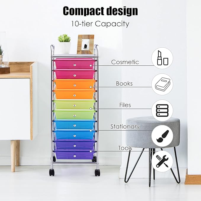 GOFLAME 10-Drawer Rolling Storage Drawer Cart, Utility Cart with Removable Drawers & Metal Frame, Mobile Art Craft Drawer Cart with Lockable Wheels for Home, Office, Studio, School, Rainbow - Image 5