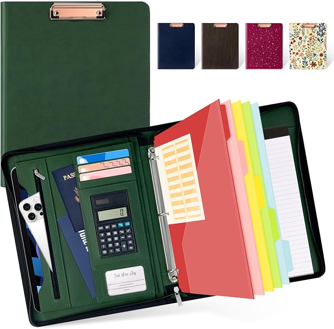 Ospelelf Green Clipboard with Storage 3 Binder Leather Portfolio Folder with Zipper, 12.1” Tablet Sleeve, 5 Dividers with Pocket, Refillable Notepad, Card Slot by OspelelfOfficeSupplies