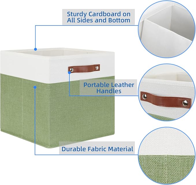 Temary 13 Inch Cube Storage Bin 4 Pack Fabric Storage Cubes Fabric Storage Bin for Shelf, Cube Storage Basket with Leather Handles(White&Green) - Image 3