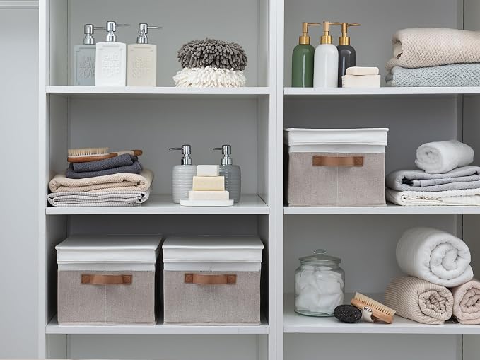 StorageWorks Fabric Storage Bins with Lids, Closet Storage Bins | Lidded Dust-proof, Easy Pull Handles, Foldable, Stackable, Ideal for Clothes Blanket Towel, Large, Brown and White, 3-Pack - Image 6