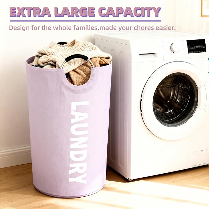 115L Collapsible Laundry Bag with Handle,Large Dirty Clothes Hamper Foldable Laundry Hamper,Purple Collapsible Laundry Basket Dorm Waterproof Hamper Tall Washing Bin,Storage Container for Snacks Dolls - Image 2