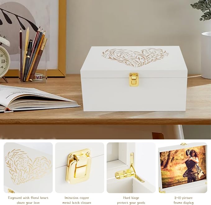 Larger Wooden Memory Keepsake Boxes With Hinged Lids and a photo frame inside the lid - Decorative Storage Box With a Hinge Lids For Picture Letter Time Capsule - 5.3“*8.6”*11.7“ off-white - Image 5