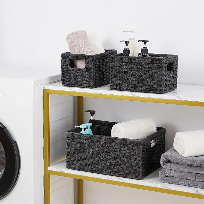 Wicker Storage Basket, Set of 3 Wicker Basket, Hand-Woven Paper Rope Storage Baskets for Organizing, Large Cube Storage Organizer Bins Baskets for Shelves Small Toilet Paper Baskets, Black - Image 6
