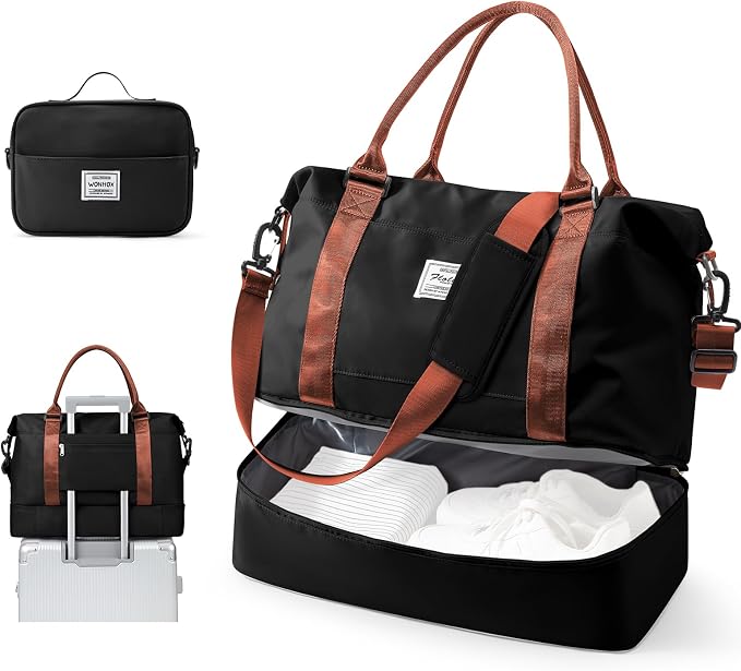 Travel Duffel Weekender Bag Women Tote Carry On Bags With Shoe Compartment | 18x14x8 inches Travel Overnight Bags with Trolley Sleeve for Airplanes Waterproof Sport Tote Gym with Toiletry Bag BlackBrown by VECAVE