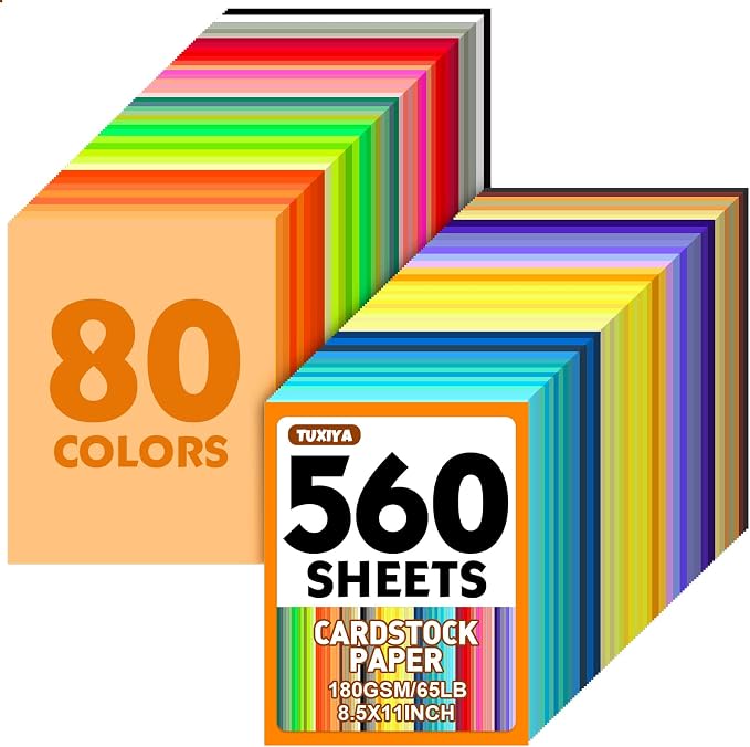 TUXIYA 560 Sheets 8.5" X 11" Colored Cardstock, 80 Colors Card Stock | 180GSM/65LB 80 Assorted Colors Construction Paper Printer Paper for Printing, Card Making, DIY Crafts, School Supplies,Party by Unknown