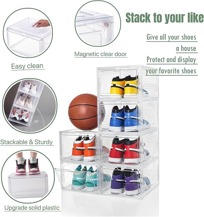 ZLLZUU Shoe Shoe Storage Boxes, 6 Pack Stackable Shoes Organizer Clear | Clear Drop Front, Dustproof Visible Magnetic Door, Stackable, Fits Up to Men's Size 12 High-Top Sneakers, Easy to Assemble - Image 4