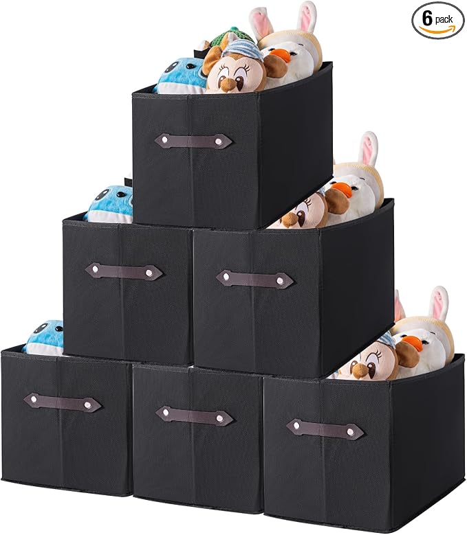 6 Pack Large Collapsible Storage Baskets for Shelves,14.9"x9.5" Fabric Closet storage Boxes with Leather Handles,Decorative Organizers Storage Bins for Clothes,Sheets,Toys,Books,(Black) by Yunkeeper
