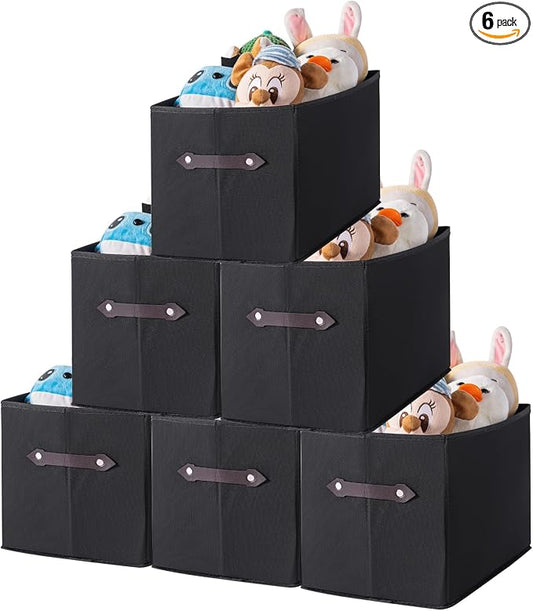 6 Pack Large Collapsible Storage Baskets for Shelves,14.9"x9.5" Fabric Closet storage Boxes with Leather Handles,Decorative Organizers Storage Bins for Clothes,Sheets,Toys,Books,(Black) by Yunkeeper