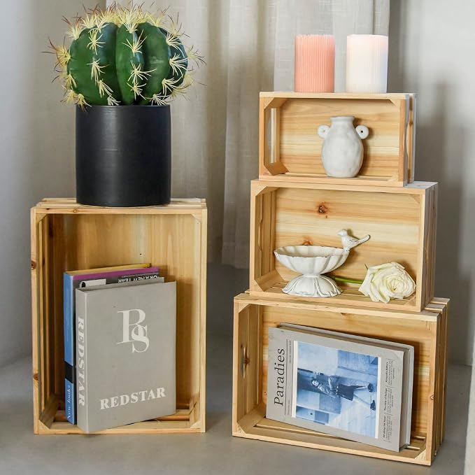 Large Wooden Crates Unfinished Set of 4 Decorative Storage Box with Handles, Rustic Farmhouse Wooden Crates for Display, Living Room Container Basket Box for Kitchen, Pantry, Bedroom - Image 6
