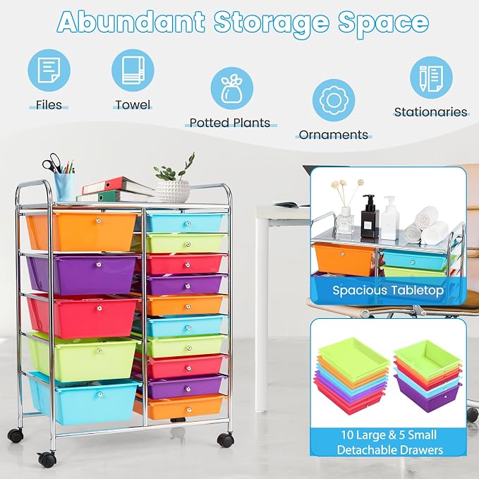 DREAMADE Rolling Cart with 15 Drawers, Rolling Drawer Organizer Cart w/Lockable Wheels, Removable & 2-Sized Storage Drawers, Art Cart for School Home Art Supplies Crafts File Scrapbook (Multi-color) - Image 4