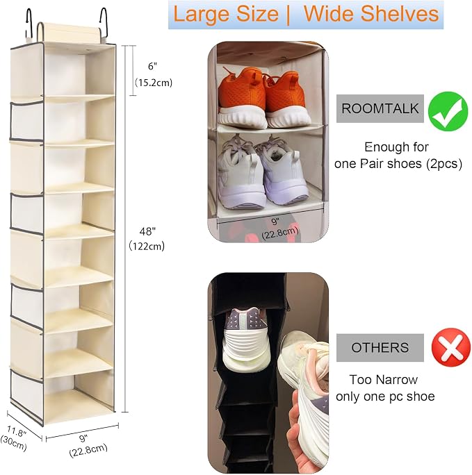 Large-Sized Hanging Shoe Organizer 8-Shelf, Hanging Closet Organizer with 8 Side Pockets, Wider Hanging Shelves for Storage Shoes Clothes 9" W × 11.8" D× 48" H, Beige. - Image 3