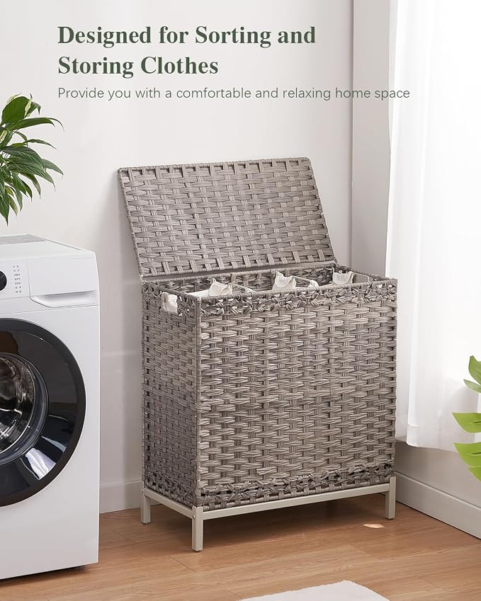 SETVSON Laundry Hamper with Lid, 35 Gal 3-Bag Clothes Sorter, Gray | Large Family Laundry Trunk with Lid, 3 Compartment Sorting Liner, 6 Wash Bags, Elevated PE Rattan Bin with Handles - Image 6