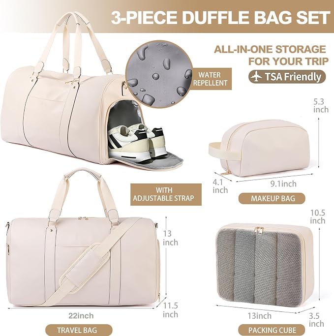 Large 3-in-1 Leather Duffle Bag for Travel Weekender Overnight Hospital Gym Bag for Men & Women, Carry On Airline Approved Personal Item Duffel Garment Bag Luggage with Shoe Compartment & Toiletry Bag - Image 6
