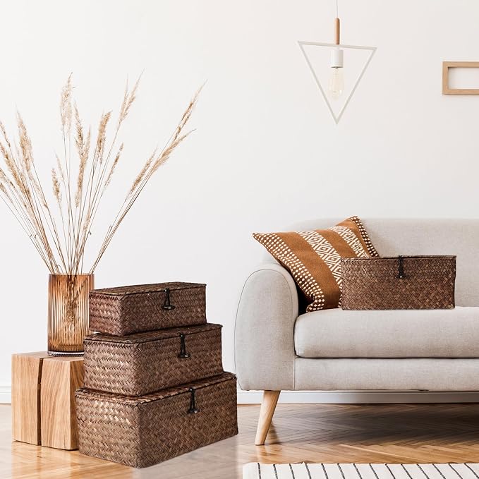 Woanger Set of 4 Wicker Baskets with Lids, Nautral Seagrass Storage Baskets, Woven Rectangular Basket Bins, Rattan Storage Organizer for Shelf Closet Bedroom(Coffee) - Image 4
