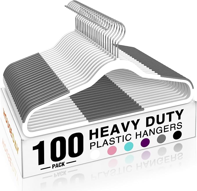 HOUSE DAY Non Slip Plastic Clothes Hangers 100 Pack with Rubber Pads, White | Space-Saving 0.2-Inch Slim Design; Heavy-Duty and 360° Swivel Hooks Keep Shirts, Coats, Suit, Blouse and Pants Organized by HOUSEDAY