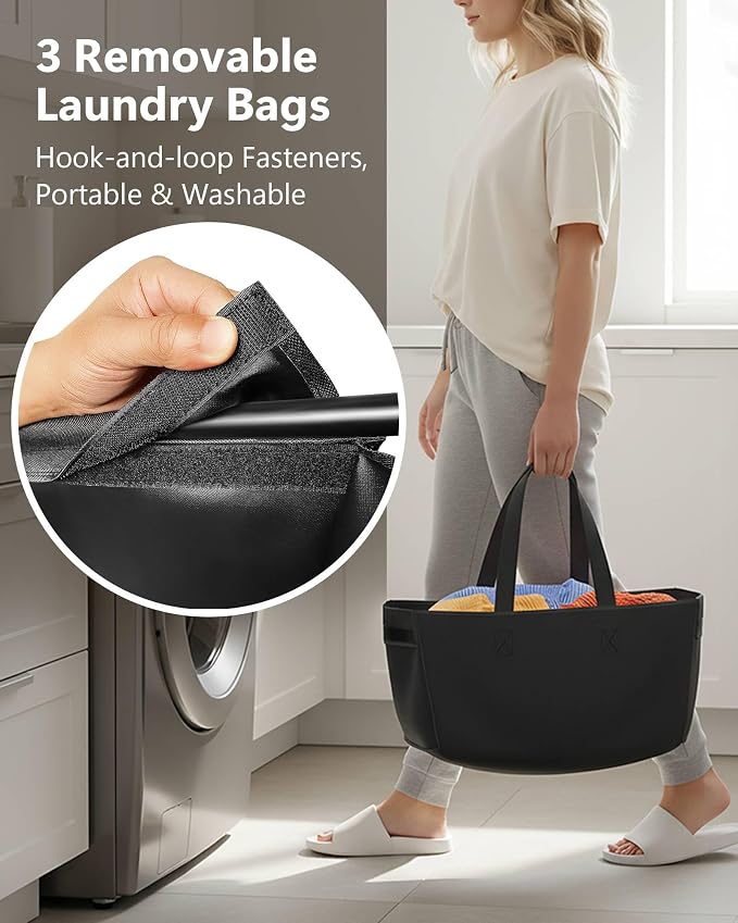 3 Section Laundry Sorter with Removable Bags, 120L Vertical Laundry Hamper with Shelf, Stackable Laundry Baskets organizer for Bathroom, Apartment, Dorm (Black, With Shelf) - Image 3