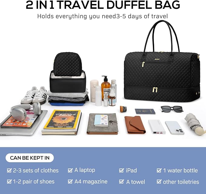 Travel Weekender Carry-on Bags for Women: Duffel Bag with Shoe Compartment | 40L Capacity for 5 Day Trip Waterproof Durable Toiletry Bag Wet Pocket for Damp Items Suitable for Weekend Trips Hospital - Image 4