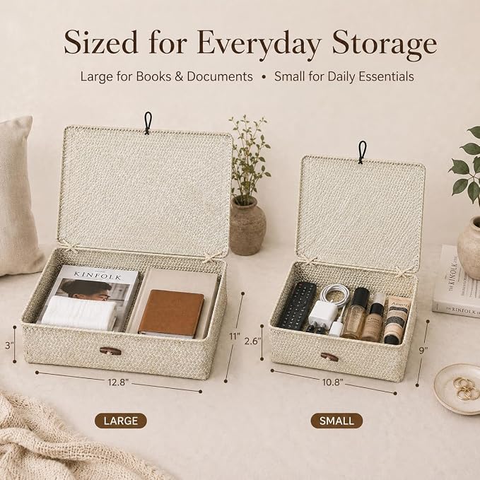 YANGQIHOME Set of 2 Seagrass Baskets with Lids, Rectangular Woven Storage Baskets, Natural Wicker Basket Boxes for Coffee Table, Shelf, Bathroom Counter & Closet Decor (Whitewashed, Set of 2) - Image 2