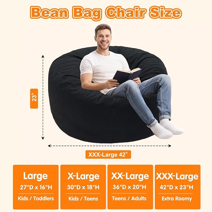 Lukeight Bean Bag Chair for Teens and Adults, Memory Foam Filled Floor Lounger, Washable Velvet Cover with Inner Liner, Beanbag Chair with Filling for Gaming and Reading, Black, XXX-Large 42"D x 23"H - Image 2