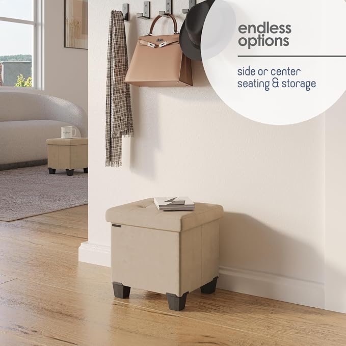 Storage Ottoman Cube with Small Bin, 15-in Square Ottoman with Storage for Living Room and Bedroom, Small Ottomans Foot Rest, Velvet Foot Stools Ottomans Max 330lbs, Taupe - Image 6